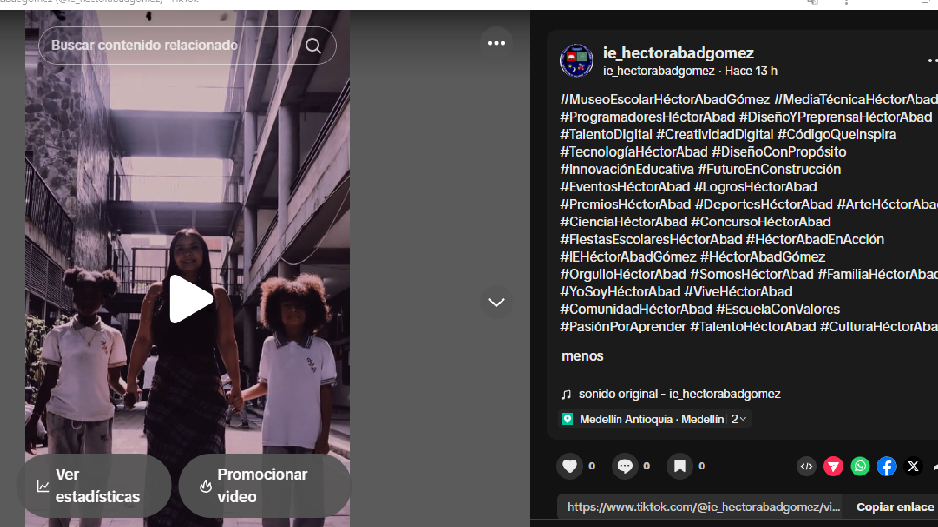 Invitación a seguir la cuenta de TikTok ie_hectorabadgomez para conocer historias, talento y actividades de la Institución Educativa Hector Abad Gomez.